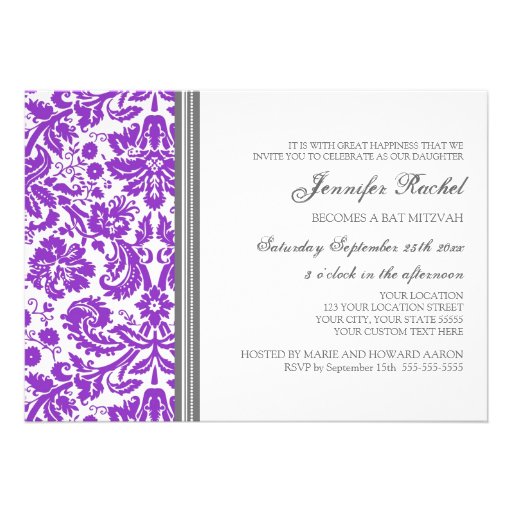 Plum Gray Damask Bat Mitzvah Invitations