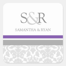 Plum Gray Damask Monogram Envelope Seal Square Sticker