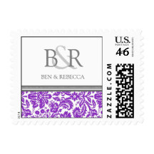 Plum Grey Damask Monogram Wedding Stamps