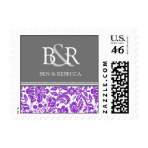 Plum Grey Damask Monogram Wedding Stamps