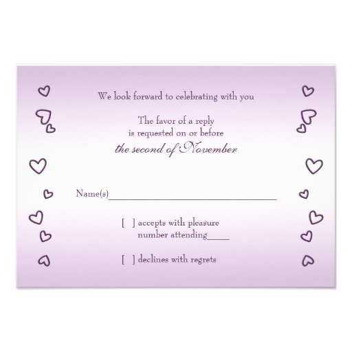 Plum Lavender Purple Hearts Wedding RSVP Card