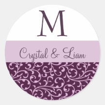 PLUM & LILAC PURPLE Damask Wedding Monogram Round Sticker