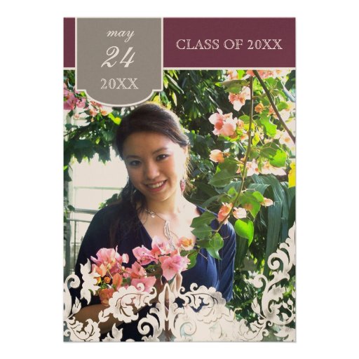Plum n Silver Leaf Swirl Damask 2 Graduation Personalized Announcement