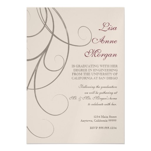 Plum n Silver Leaf Swirl Damask 2 Graduation Personalized Announcement (front side)