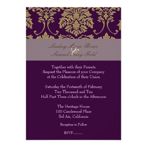 Plum/plum/faux gold damask personalized invites