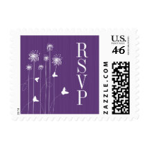 Plum purple butterfly floral wedding RSVP stamps