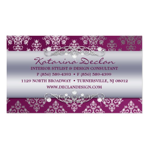 Plum Purple Dashing Damask Fashion/Interior Design Business Card Template (back side)