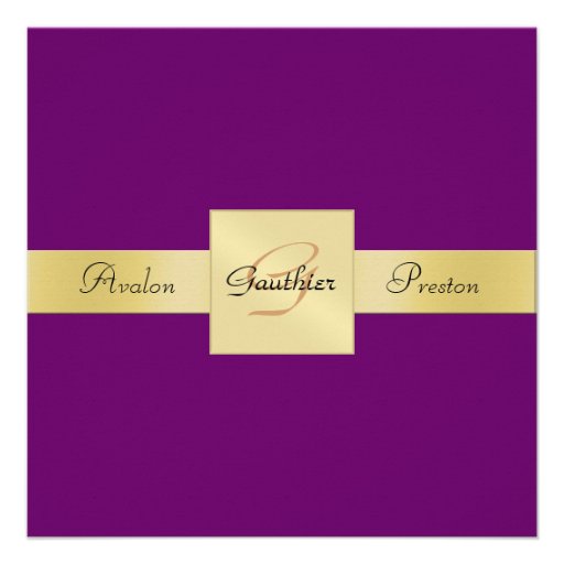 Plum Purple Gold Metal Monogram Formal Invitation