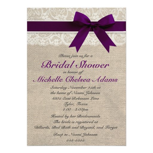 Plum Purple Lace Burlap Bridal Shower Invitation (front side)