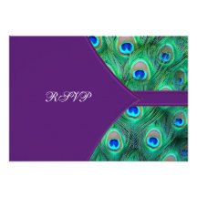 Plum Purple Peacock Wedding RSVP Invites