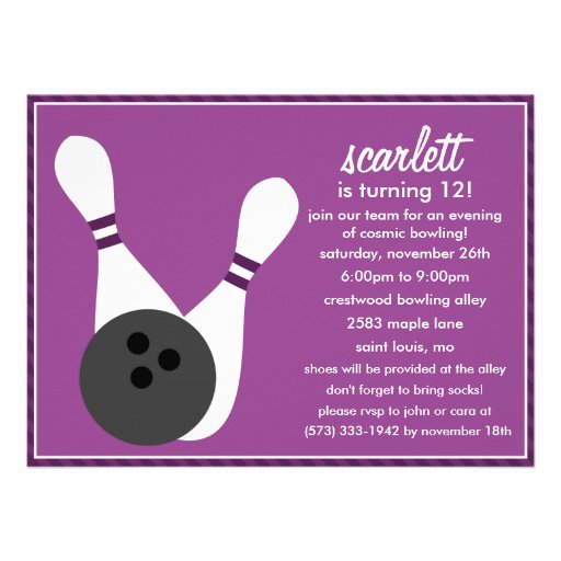 Plum Purple Pin Stripes Bowling Birthday Party Custom Invite
