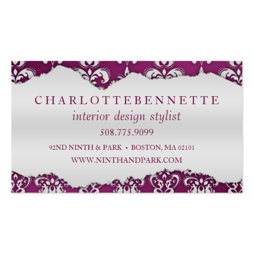 Plum Purple Ripped Damask Interior Design Business Cards (back side)