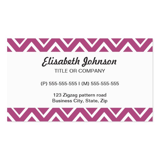Plum purple whimsical zigzag chevron pattern business cards (front side)