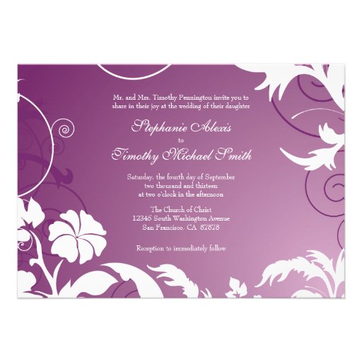 Plum purple white floral swirls wedding invitation
