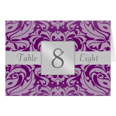 Plum & Silver Damask Table Number Folded Card