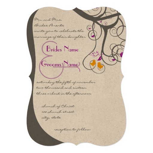 Plum Tree Swirls Love Birds Wedding Invitation