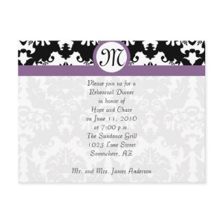Plum Trim Black Damask Hearts Rehearsal Dinner postcard