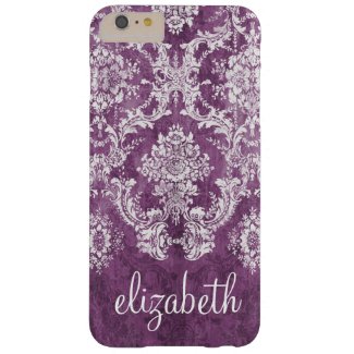 Plum Vintage Damask Pattern and Name Barely There iPhone 6 Plus Case