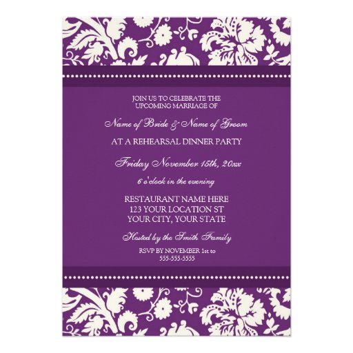 Plum White Damask Rehearsal Dinner Party Invitations