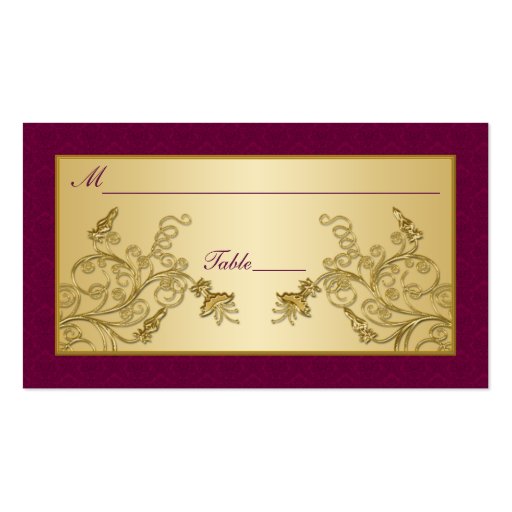 Plum Wine and Gold Floral Damask Placecards Business Cards (front side)