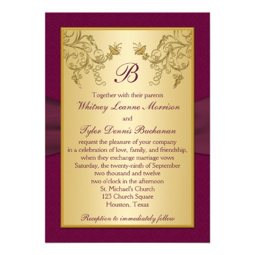 Plum Wine and Gold Monogram Wedding Invitation