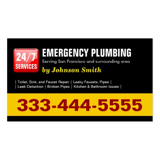 Plumber - 24 HOUR EMERGENCY PLUMBING SERVICES Business Card Templates (front side)