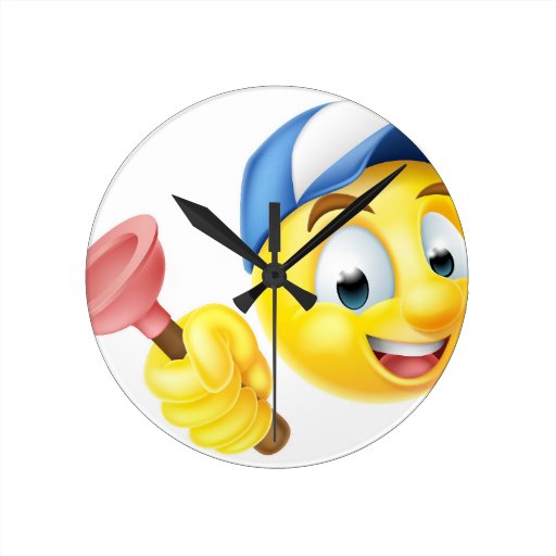 Plumber Emoji Emoticon with Plunger Round Clock Zazzle