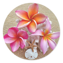 Plumeria on Shells on Beach Round Sticker
