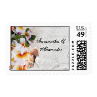 Plumeria Orchid Lei in the Sand Beach Wedding Postage Stamps