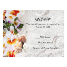 Plumeria Orchid Lei in the Sand RSVP Beach Wedding Announcement