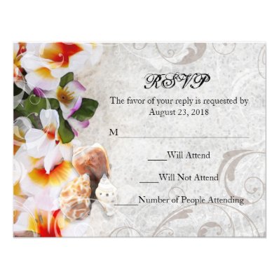 Plumeria Orchid Lei in the Sand RSVP Beach Wedding Announcement