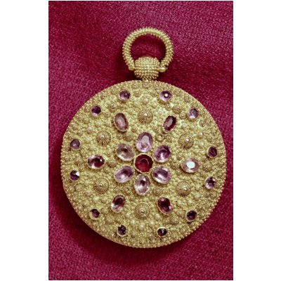 Pocket watch, gold case set with amethyst, British aprons