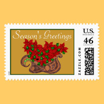 Poinsetta Bouquet Sleigh Postage Stamp stamps