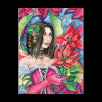 Poinsettia Fairy Postcard- Christmas Holiday Art