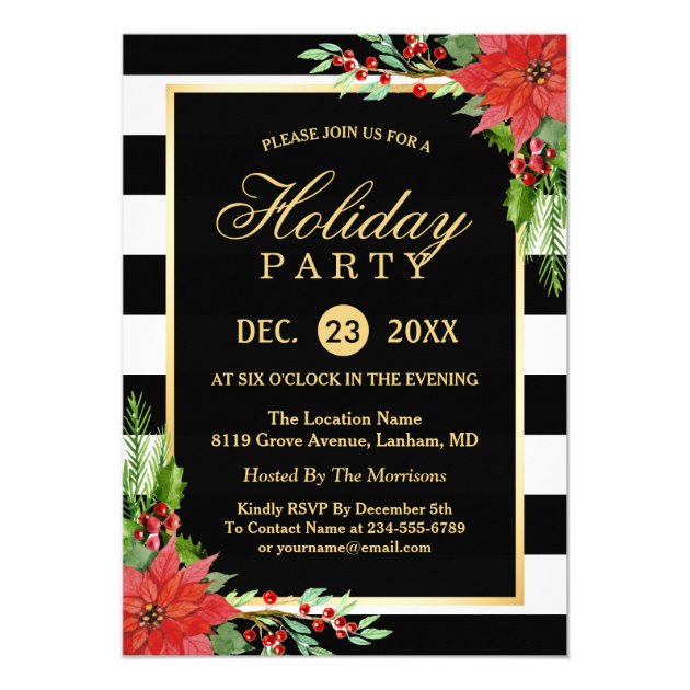 Poinsettia Floral Gold Frame Striped Holiday Party Card (front side)