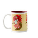 twotone_mug - Pretty vintage lady with Poinsettia flower pattern on her dress and hat. This Christmas design has a large red Poinsettia background that frames the woman as she walks on a golden path.: Sizes  Available colors: maroon