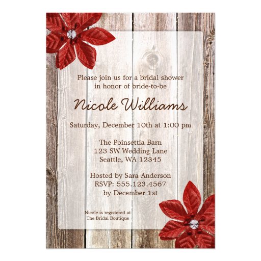 Poinsettia Rustic Barn Wood Bridal Shower Personalized Invitations