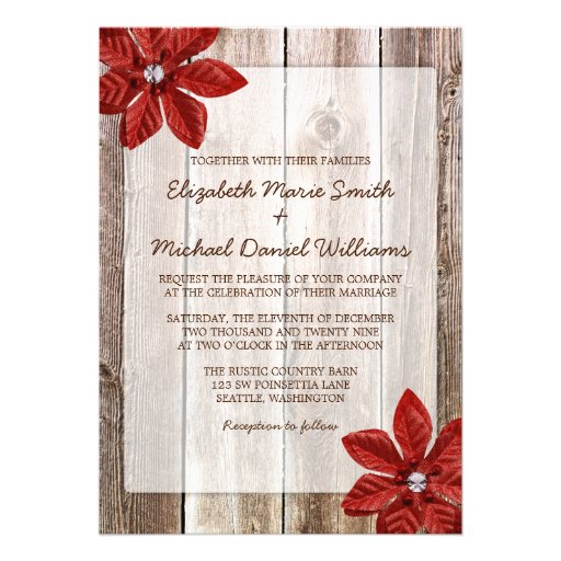 Poinsettia Rustic Barn Wood Wedding Invitations