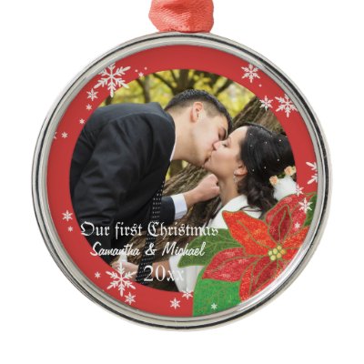 Poinsettia Wedding Couple's First Christmas Gift Christmas Ornaments