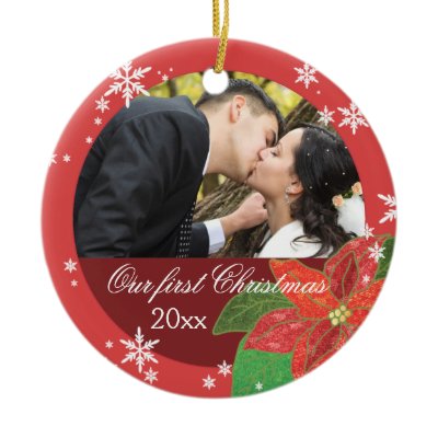 Poinsettia Wedding Couple&#39;s First Christmas Gift Ornament