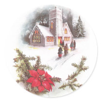 Poinsettias and Country Church Vintage Christmas Sticker