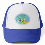 Pointillism kayak painting, faded oval frame, hat hats