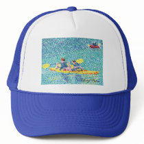 Pointillism kayak scene, by Cheryl Paton hats