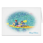 Pointillism kayak scene, oval frame, cards cards