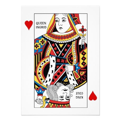 Poker Card Queen + King of Hearts Wedding Invites (front side)