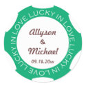 Poker chip lucky in love wedding favor label green sticker