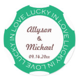 Poker chip lucky in love wedding favor label green round sticker