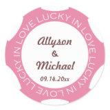 Poker chip lucky in love wedding favor label pink round sticker