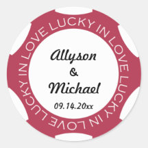 Poker chip lucky in love wedding favor label red round stickers