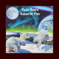 Polar Bear Cubs & Aurora Wildlife Art Magnet magnets